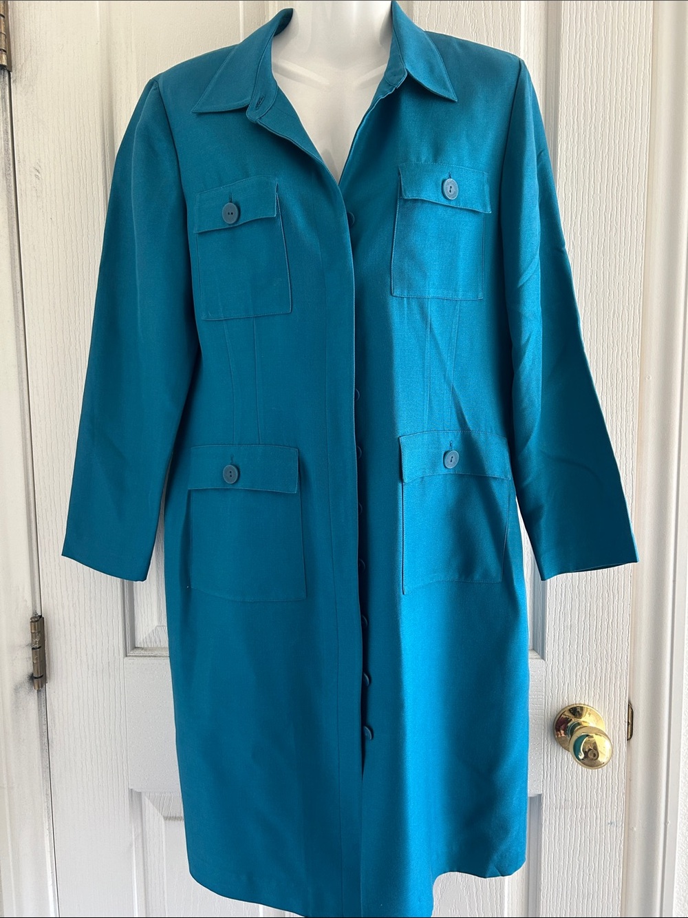 Papell Boutique Silk Teal Long Pocket Trench Coat